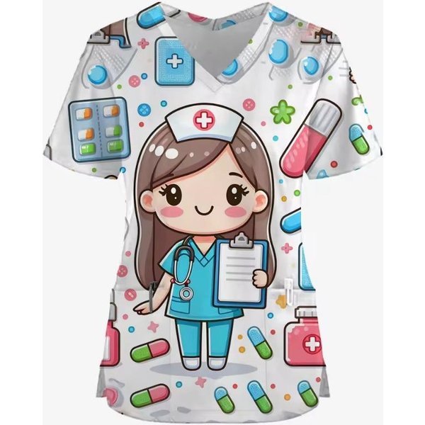 Conejo De Dibujos Animados ImpresióN 3d Uniformes MéDicos De Enfermera Cuello En V Manga Corta Bolsillo Ropa De Trabajo Superior Uniformes Accesorios MéDicos Uniforme 4XL-image