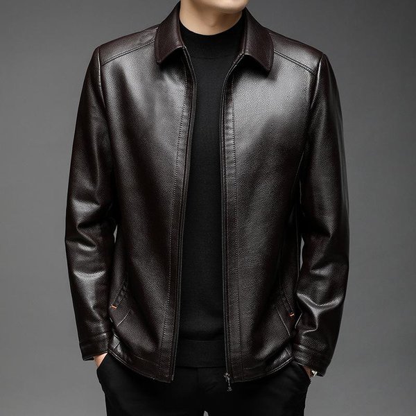 Chaqueta De Cuero Para Hombre OtoñO E Invierno Nueva Ropa Para Hombre Cuello De Solapa Chaqueta De Cuero Suave Hombres De Mediana Edad Sueltos E Informales 4XL MarróN-image