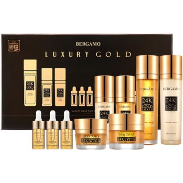 Bergamo Luxury Oro Juego De Regalo De 9 Piezas Para El Cuidado De La Piel Oro De 24K ColáGeno Crema Intensiva Antienvejecimiento Cuidado De Arrugas TóNico Esencia Ampolla EmulsióN Crema Para Ojos-image