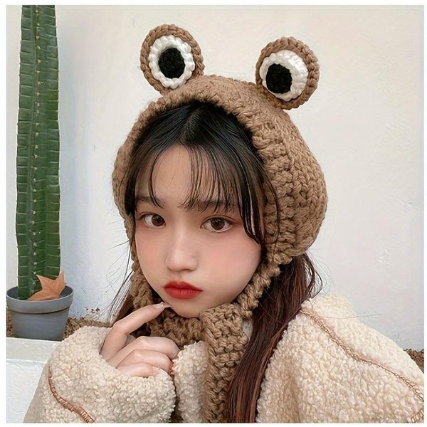 Urocza Damska Czapka ŻAba Czapki Zimowe Dzianinowa Czapka Zimowa Czapki Typu Skullies Dzianinowa Czapka Czapka Akcesorium Kostiumowe Prezenty CiepłA Zimowa Czapka 54-61Cm Black-image