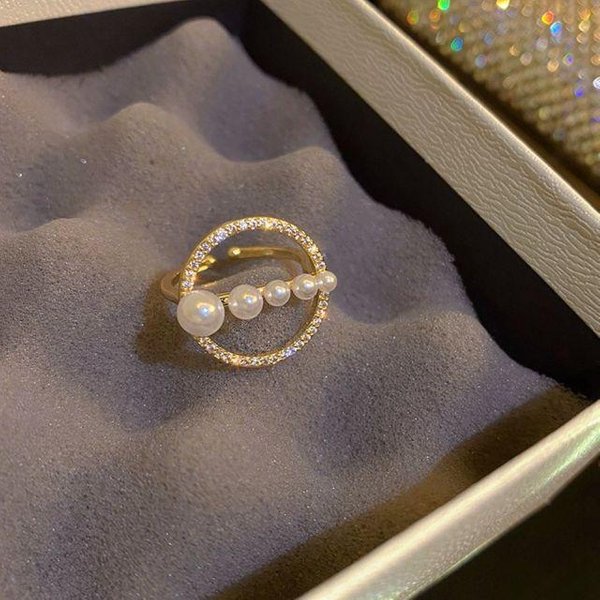 Anillo Abierto De AleacióN De CircóN Con Forma De Flor Simple Y GeoméTrico Con Perla, Anillo De Estilo Coreano Para Mujer, Anillo De Dedo Con Diamantes De ImitacióN Gray-image
