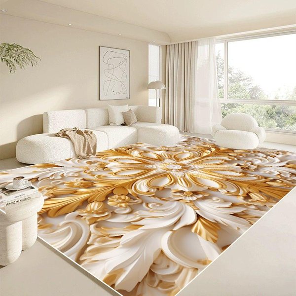 Alfombra Moderna Blanca Grande Para Sala De Estar Lujosa Dorada DecoracióN Del Hogar Alfombra Para Dormitorio Mesita De Noche Suave Antideslizante 200X300 Alfombras 60*90Cm-image