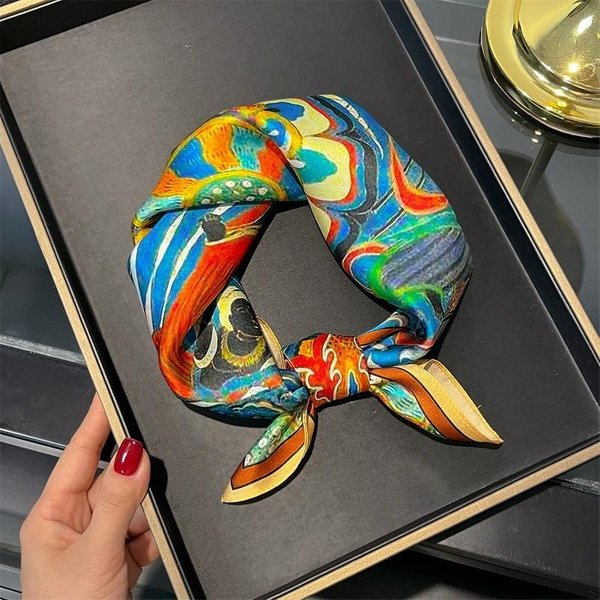 Czysty Jedwabny Szalik Damski Opaska Na Szyję WłOsy Kwadratowy Foulard MałA Opaska Modny WzóR Chusta Na Szyję Szaliki Bandana 53*53Cm Real Silk 53X53Cm Blue-image