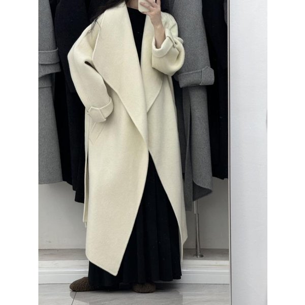 Abrigo De Lana De Doble Cara Estilo Bata Cuello Grande Dos Usos Para Mujer Largo Medio Holgado Moda VersáTil Abrigo De Lana OtoñO E Invierno M-image