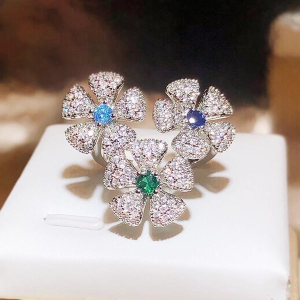 Anillo De Flor Plateado Nuevo Juego Completo Para Mujeres Moda Chapado En 18K Elegante Anillo Brillante Fiesta Boda JoyeríA Regalo Resizable Gray-image