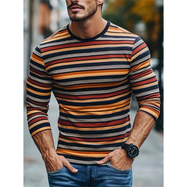 Camisetas Retro GráFicas De Rayas De Manga Larga Para Hombre Moda Simple Primavera OtoñO Camisetas Estampadas En 3D Camisetas Casuales Oversized Tops S Gray-image