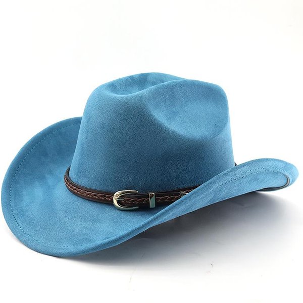 Nowa Moda Zamszowa Kapelusz Kowbojski Fedora Retro Unisex Na ZewnąTrz Szerokie Rondo Cylinder Styl Zachodni Przystojny Brytyjski Panama Kapelusz Jazzowy M 56-58Cm Blue-image