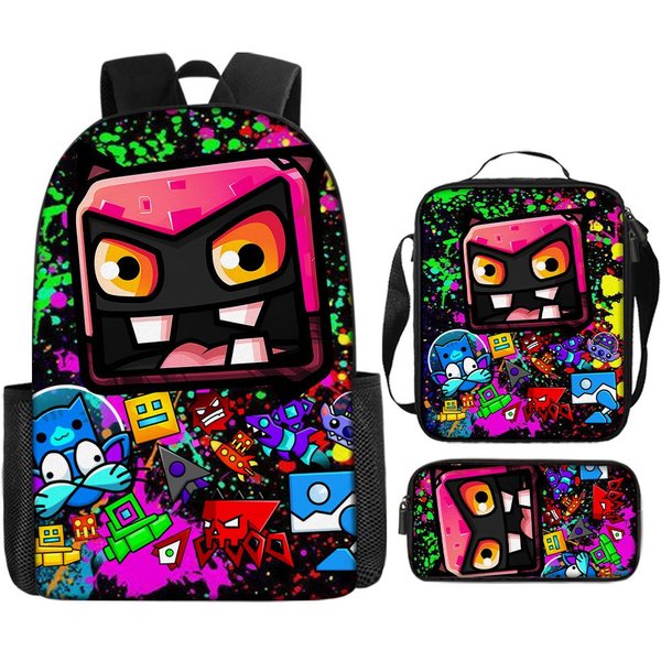 KreskóWkowy Plecak Szkolny Geometry Dash Dla Dzieci Z Torbą Na Ramię PióRnikami Plecaki Szkolne Dla ChłOpcóW DziewcząT Najlepszy Prezent-image