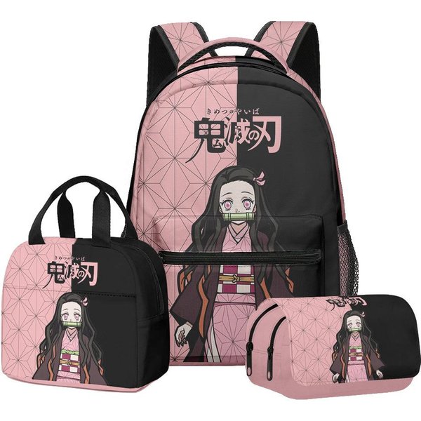 Demon Slayer Juego De 3 Piezas Mochila Estampado De Dibujos Animados Anime Estuche Para LáPices Bolsa De Almuerzo Mochila Escolar Para Estudiantes Gran Capacidad Regalo De Festival Para NiñOs-image