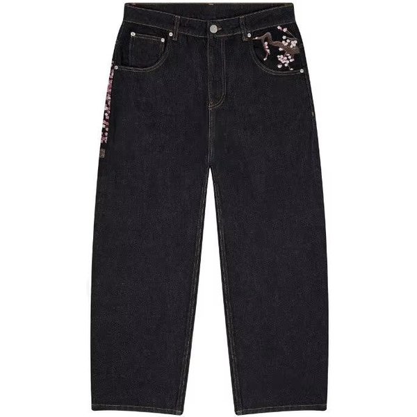 Spodnie Jeansowe Y2K W Stylu Retro Z Haftem W KształCie Kwiatu śLiwy, Szerokie Nogawki, Styl Hip-Hopowy, Uliczny, LuźNy KróJ, Unisex S Czarny-image