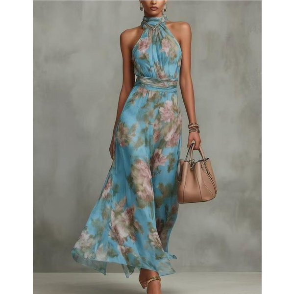 Vestido Largo De Gasa Con Estampado Floral Y Cuello Halter Para Mujer, Sin Mangas Con CinturóN, LíNea A, Fluido, Estilo Boho, De Verano Para La Playa 3XL Azul-image