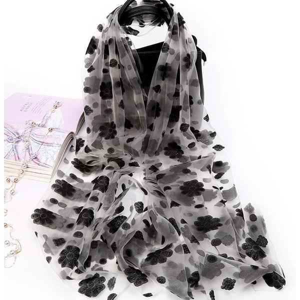 Bufanda, Organza Para Mujer, Bufanda De Seda, Chal Bordado, ProteccióN Solar, Bufanda De Playa De Primavera Y Verano, Bufanda Grande Larga Y VersáTil, OtoñO Black-image