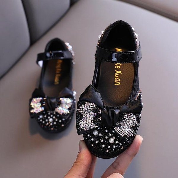 Nowe DziecięCe SkóRzane Buty Rhinestone Bow Princess Girls Party Buty Do TańCa DziecięCe Mieszkania Studenckie DziecięCe Buty WydajnośCiowe 27-image