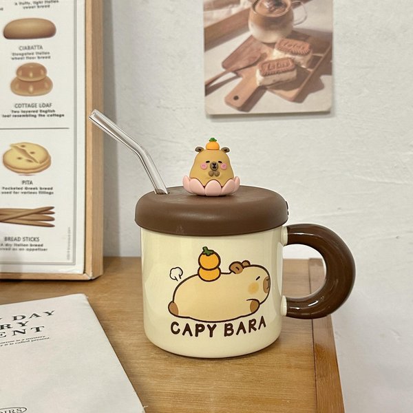 Ceramiczny Kubek Z Pokrywką I SłOmką Kubek Do Wody ŚLiczny Kubek Kapibara Wysoko WygląDająCy Domowy Kubek Do Kawy Dziewczyny 301-400Ml-image