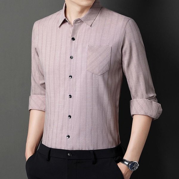 Camisa De Manga Larga De Primavera Y OtoñO Para Hombres JóVenes Y De Mediana Edad, Estilo De Negocios, Con Solapa, Estilo Coreano, Vertical 4XL White-image