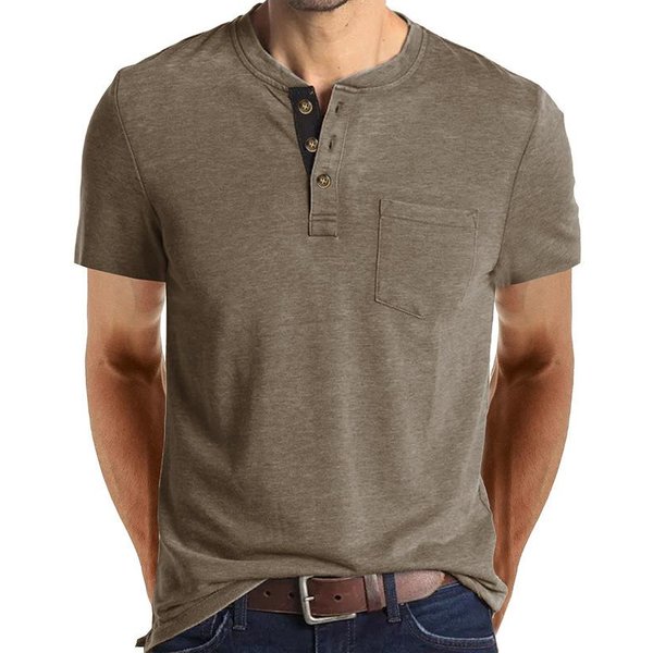 Camiseta Informal De Manga Corta Para Hombre Con Cuello Henley Y Bolsillo En El Pecho L Caqui-image