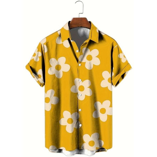 Camisa Hawaiana De Flores Impresa En 3D Verano Vacaciones De Playa Casual Tops De Manga Corta Para Hombre Moda Diaria Camisa De Solapa Suelta Y Oversize XL Beige-image