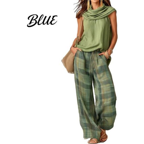 Conjuntos Ligeros De Verano Para Mujer Top Y Pantalones Set De 2 Piezas Cuello Mock Con Volantes Sin Mangas Vintage Holgado Conjunto Casual Y Pantalones De Pierna Ancha A Cuadros Set XL-image