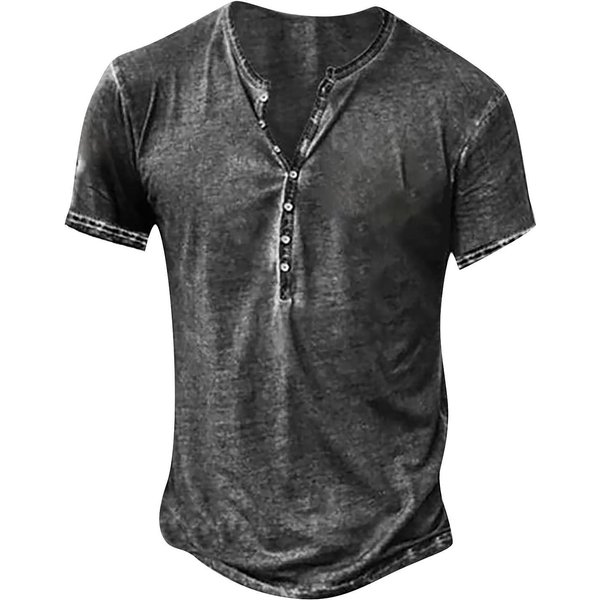 Camiseta Casual Henley De Manga Corta Para Hombre Con Botones Y Cuello En V Estilo Vintage Para Uso Diario L Gray-image