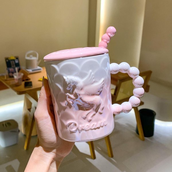 Kubek Z Pokrywką ŁYżEczka Para Z Dobrym WygląDem Dla Dziewczyn Biurowy Kubek Do Wody Kubek Do Kawy TłOczony Kubek Ceramiczny PamiąTka 301-400Ml-image