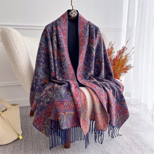 Jesienno-Zimowy żAkardowy Szal Dla Kobiet Szale I Narzutki Pashmina Kaszmirowy Koc CiepłE Grube Stola Pani Outdoor Bufanda 65X180 Cm Black-image