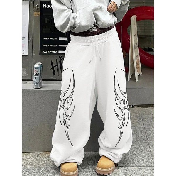 MęSkie Spodnie Casualowe Street Style LuźNe Proste, Modne Spodnie Sportowe, Spodnie Z Troczkami Z Nadrukiem Totem, Spodnie Hip-Hopowe Szerokie Nogawki XXL Black-image