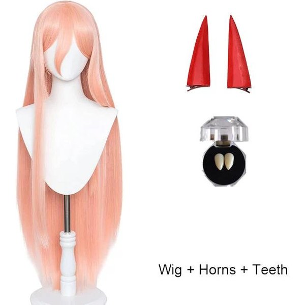 Anime Chainsaw Man Makima Power Peruka Do Cosplay DłUgie PomarańCzowe RóżOwe żAroodporne WłOsy Syntetyczne Impreza Do Odgrywania RóL Peruki + Wigcap + Rogi One Size Beige-image