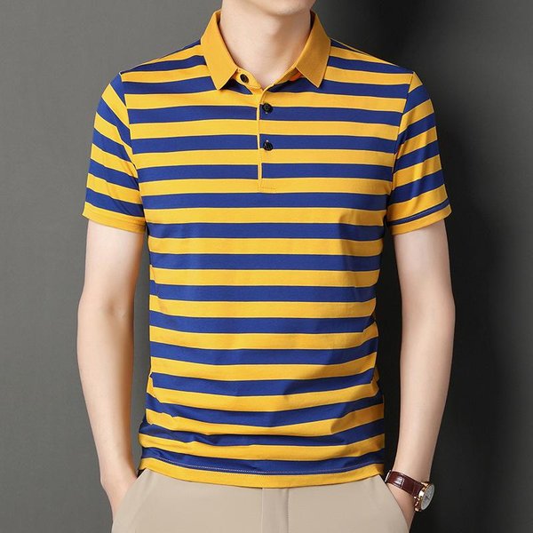 Camiseta De Verano Para Hombre, De Manga Corta, Con Solapa Suelta, Para JóVenes Y Hombres De Mediana Edad, Polo A Rayas De Media Manga A La Moda. Xxxxl Orange-image