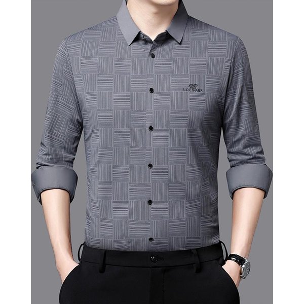 Camisa De Solapa Sin Costuras De Manga Larga Para Hombre De Mediana Edad De OtoñO, Camisa Casual De Moda 4XL Gray-image