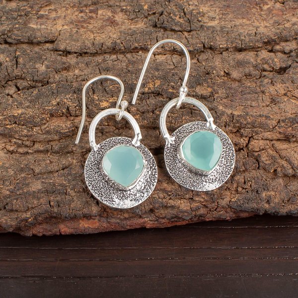 Gema Calcedonia Aguamarina JoyeríA De Plata De Ley 925 Pendientes Hechos A Mano 1.30 EE-63-14 Gray-image
