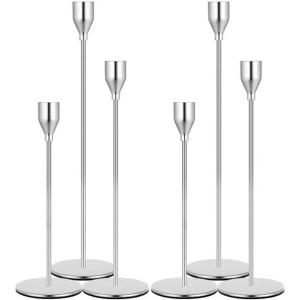 3/6 Szt./Zestaw Wysoki Metalowy śWiecznik W Stylu Vintage Na śWiece Filarowe I StożKowe, Dekoracja Na Stół Do Jadalni, Na BożE Narodzenie, Wesele, Imprezę 6Pcs Srebro-image