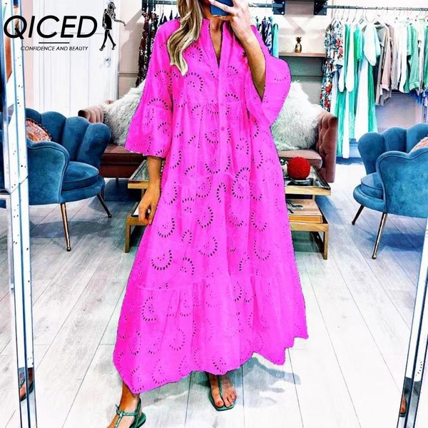 Qiced 8 Colores S-5XL Moda Mujer Verano Primavera Color SóLido Estampado Manga 3/4 Cuello En V Vestidos Casuales S Purple-image