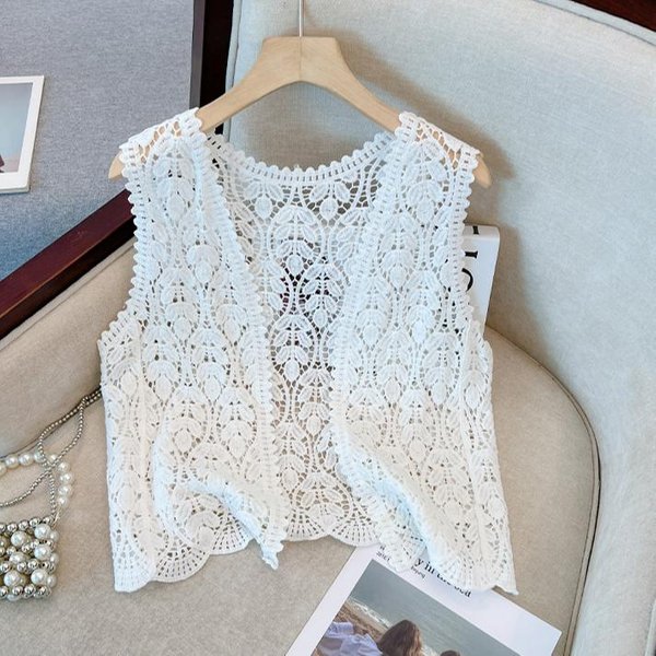 Dimanaf Nuevo Chaleco Mujer Punto Encaje Cuello Redondo Hueco Estilo Verano BáSico Tops Cortos Camisetas Ropa Holgada One Size Blanco-image
