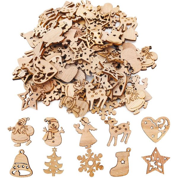 100 Piezas Mezcla Adornos De Madera Para ÁRbol De Navidad Mini Papá Noel MuñEco De Nieve Alce Copos De Nieve ÁRbol De Navidad-image