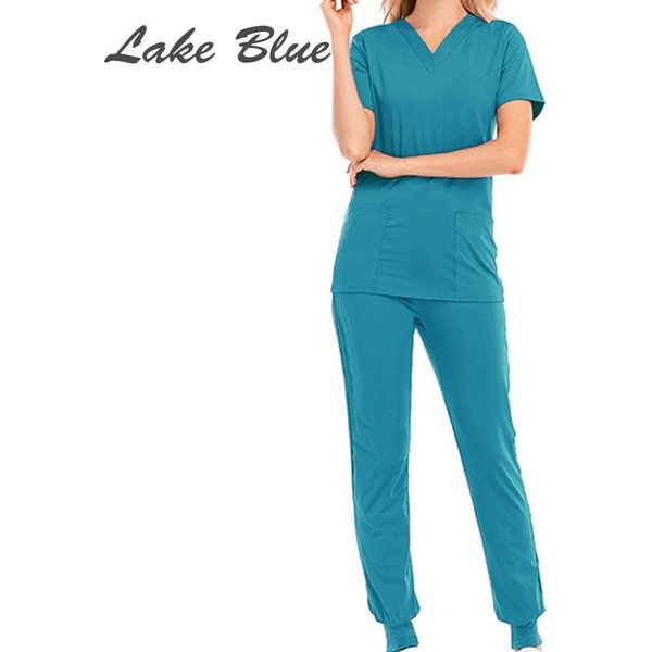 Conjunto De Uniforme Con Cuello En V Para Hospital Unisex, Trajes Exfoliantes De Color SóLido Con Bolsillo, Bata QuirúRgica Para Correr, Moda M Azul Del Lago-image