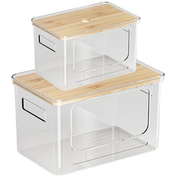Dispensador De Bolsas De Basura Soporte Apilable Con PláStico Transparente Tapa De Bambú Organizador De Bolsas De Basura E-image