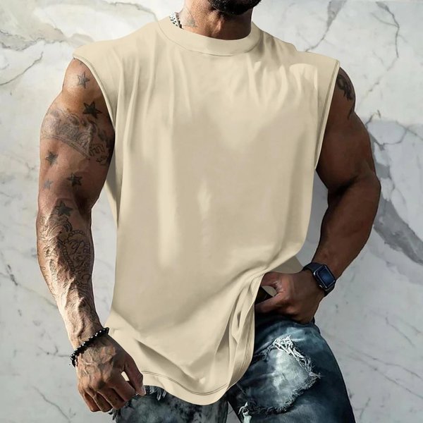 Camiseta Sin Mangas Para Hombre Camiseta Muscular Ajuste Holgado BáSica Color Liso Informal Verano Chaleco De Entrenamiento Para Uso Diario M Beige-image
