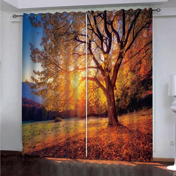 Cortinas Finas Hechas A Medida Con Escenario Natural Atardecer En El Bosque Para Dormitorio Infantil, Sala De Estar, BañO, Cocina, Puerta De Pasillo, Hogar 2 Piezas W50 X H130(Cm)X2&Grommet Top-image