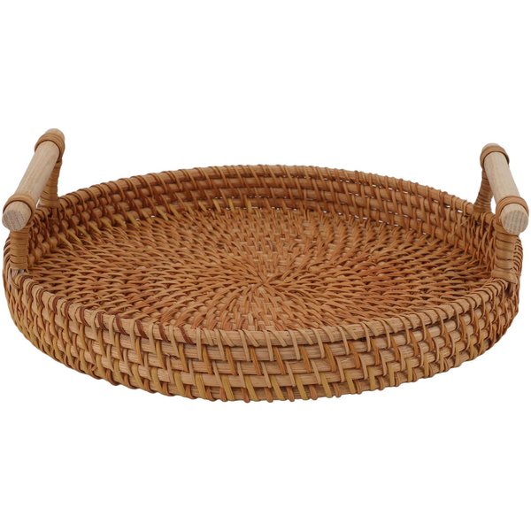 Bandeja De Frutas De RatáN Con Asas De Madera Maciza Exquisita Bandeja Redonda Para Servir Tejida A Mano Para Almacenamiento L-image