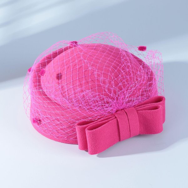 Damski Beret WełNiany Z Welonem I Kokardą | Francuski Vintage Kapelusz Stewardessy | WystęP W Recepcji Hotelowej ONE Size Pink-image