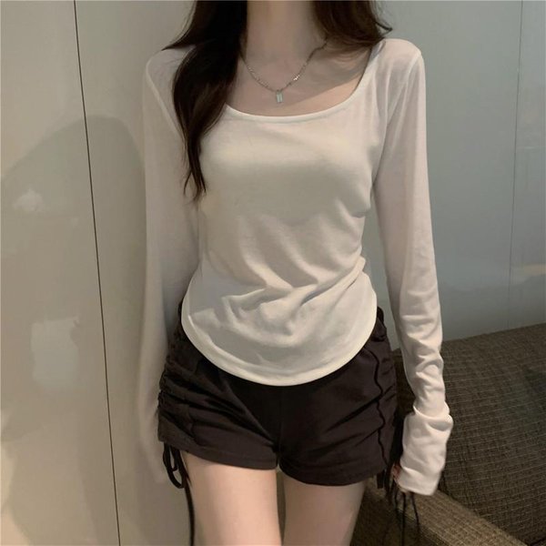 Camiseta Irregular De Manga Larga Corta Para Mujer Ropa De OtoñO Nueva Ajustada Y Fina Camiseta Interior Top De Principios De OtoñO 2XL Beige-image
