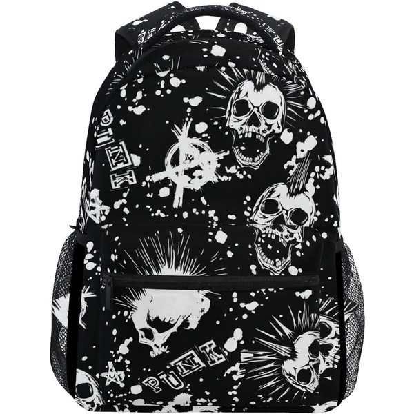 CráNeo Punk Blanco Mohawk Pelo Negro Mochilas Vintage Mochilas Escolares Mochila De DíA Viaje Escuela Universidad Bolsa Para Mujeres NiñAs Hombres NiñOs Adolescentes-image