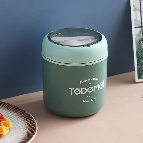 Fiambrera De Acero Inoxidable De 510 Ml Con Cuchara, Recipiente TéRmico Para Alimentos, Taza De VacíO, Caja Bento Aislante, Termo, Taza Para Sopa Para NiñOs, Escuela Verde-image