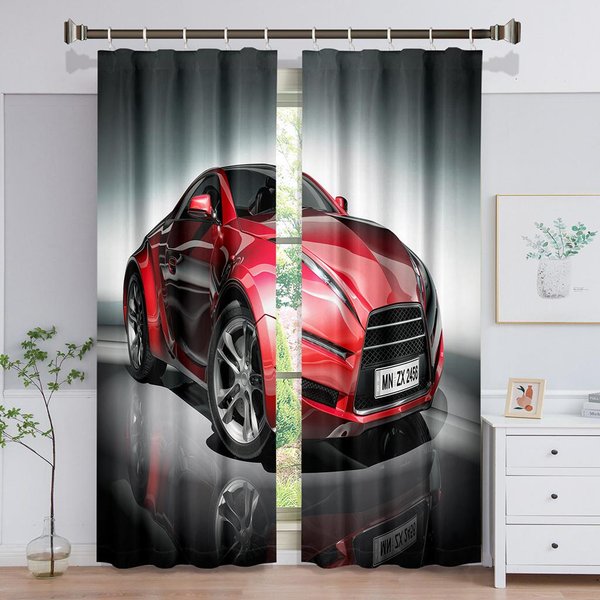 Fajne Sportowe Czarne Czerwone Samochody ChłOpiec Dziecko ZasłOny Okienne W Sypialni DziecięCej Salonie Przedpokoju Dekoracje Kuchenne Draperie Rolety W50 X H130(Cm)X2&Grommet Top-image
