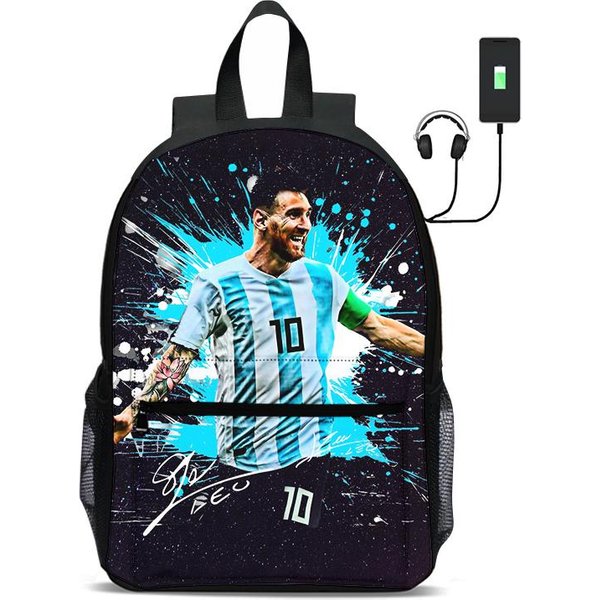 M-Messi Mochilas Escolares Para NiñOs Mochila Estrella De FúTbol Con Interfaz USB Bolsa Para Estudiante Rucksack Deporte FúTbol Bolso Para Libros Regalo Para NiñOs-image