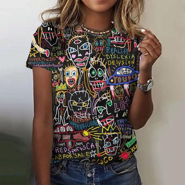 Camiseta De Mujer Con Estampado 3D De Graffiti De Moda, Top Casual Holgado, Cuello Redondo, Oversized, Manga Corta, Camiseta De Verano 5XL Black-image