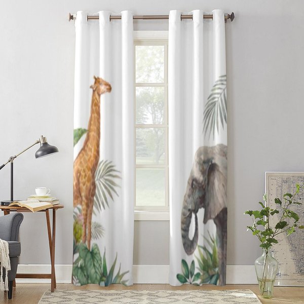 ZwierzęTa DżUngli SłOń I żYrafa ZasłOny Okienne Do Salonu Kuchnia Nowoczesne ZasłOny WystróJ Domu ŻAluzje ZasłOny 135W X 215H(Cm) X1-image