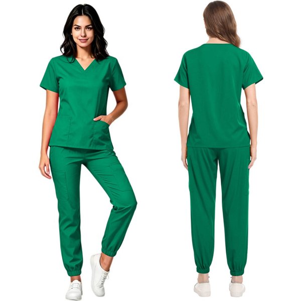 Conjunto De Uniforme MéDico Para Mujer Con Cuello En V Y Bolsillos, Top De Manga Corta Y Pantalones De Secado RáPido En Color Para Uniforme De Trabajo S Verde-image