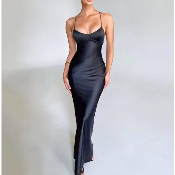 Elegancka Damska Satynowa DłUga Sukienka Na Cienkich RamiąCzkach V-Neck Dopasowana Bez RęKawóW Z Odkrytymi Plecami BandażOwa Sukienka Formalna Suknia Wieczorowa Dla Kobiet M-image