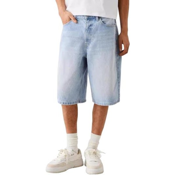 Pantalones Cortos De Mezclilla Para Hombre Tiro Medio Cierre De BotóN Y Cremallera Verano Jeans Pierna Recta Ancha Pantalones Cortos De Mezclilla Con Bolsillos M Azul Claro-image